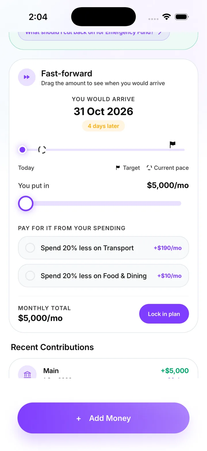 Finovaa's fast-forward screen: drag the monthly amount and see the goal's new arrival date