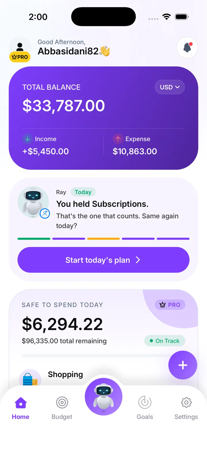 Finovaa home screen showing total balance, a coach note from Ray and safe to spend today
