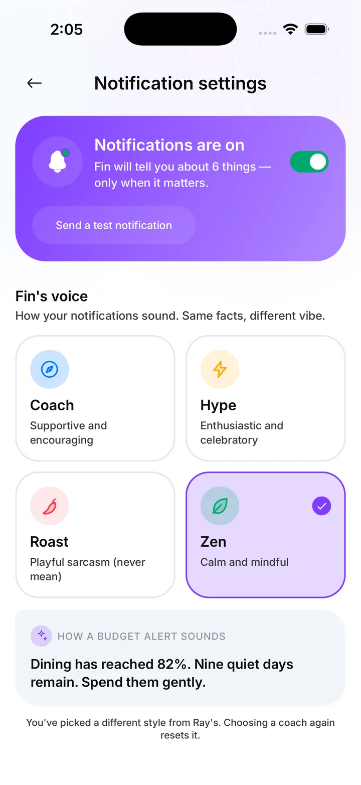 Notification settings: choose Coach, Hype, Roast or Zen