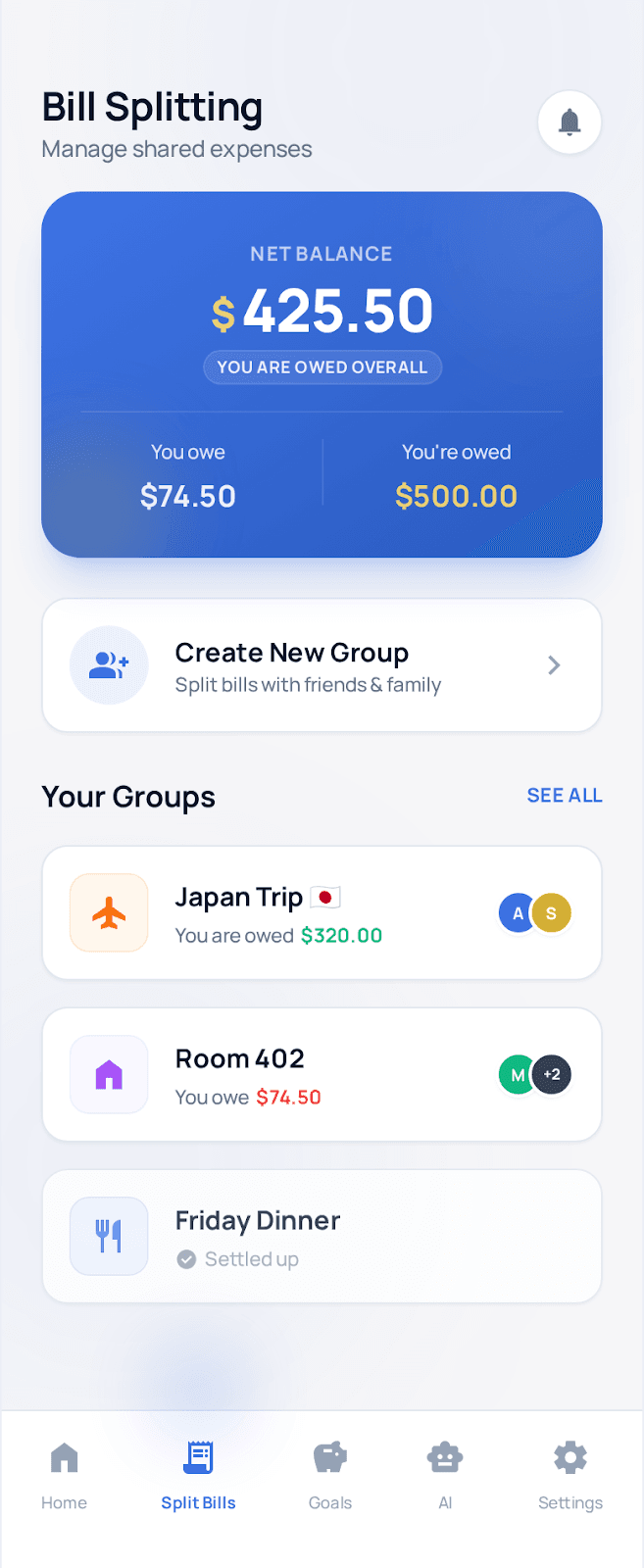 Split bills feature screen